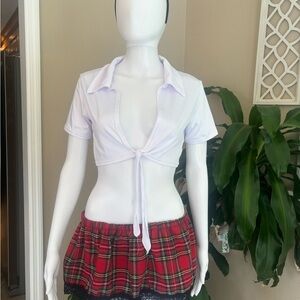 White Tie-Front Top and Red Plaid Skirt Set